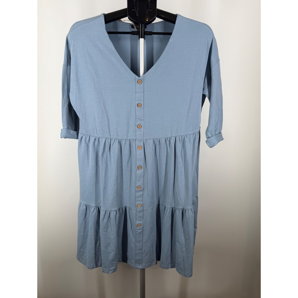 RolyPoly Blue Tiered Babydoll Mini Dress V-Neck Button‎ Front Size S New